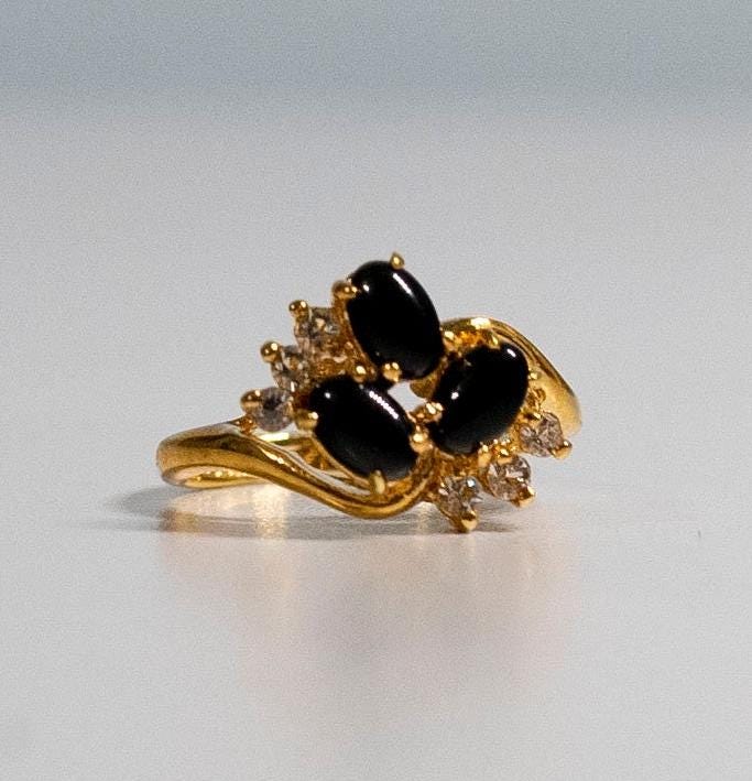 Vintage Onyx & Cz Cocktail Ring 18Kt Hge Gold, Größe 7, 5 | Punziert von Jelifem