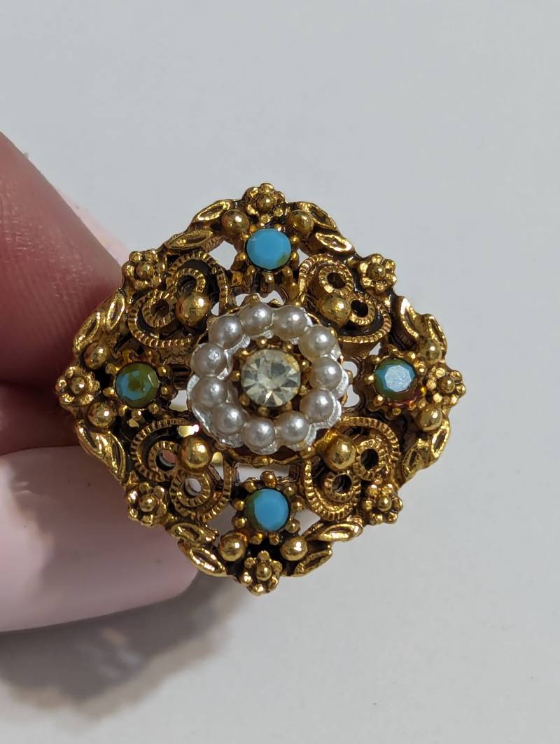 Florenza Antik Gold Filligran Perle Samen Türkis Prinzessin Ring Dome Signiert Einstellbar Auf Jede Größe Cocktail von Jelifem