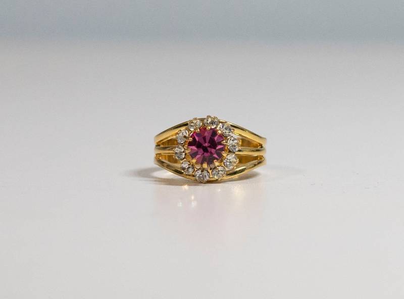 Pink Kunzit Princess Cut Kristall Und Klarer Cz Trachtenring 14Kt Ge Gelbgold Gr. 7 Verstellbar von Jelifem