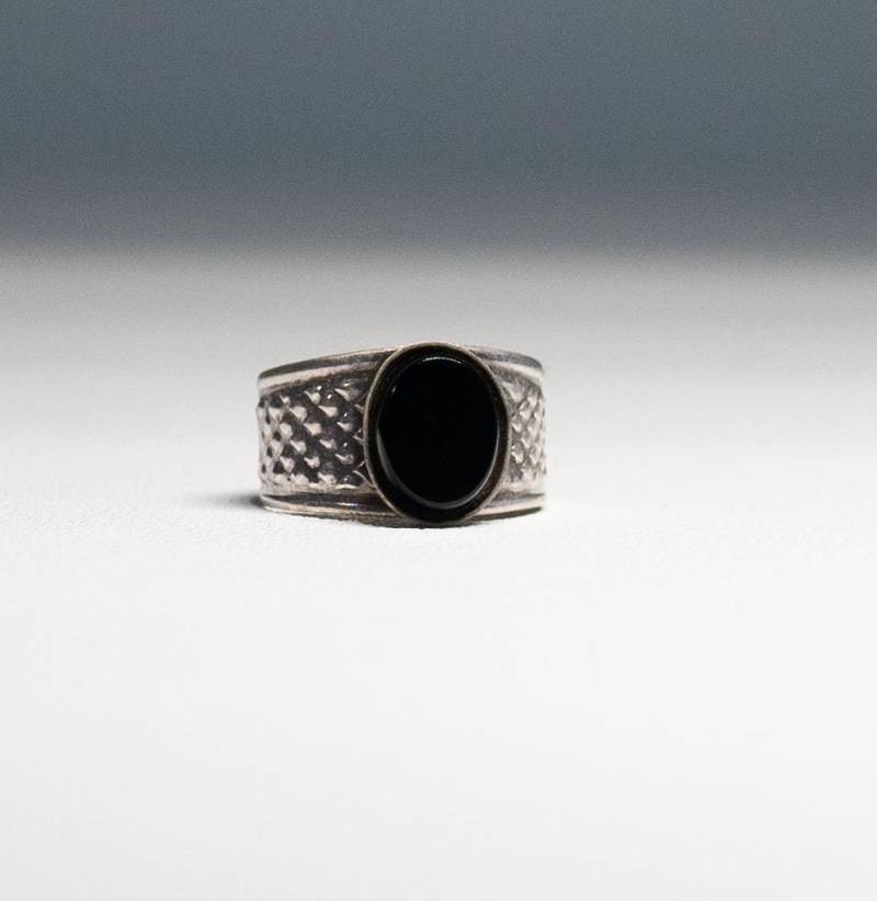 Schwarz Onyx 800 Sterling Silber Oval Form Edelstein Breit Zeh Ring Schmuck Oder Fingerring Größe 7 Markiert von Jelifem