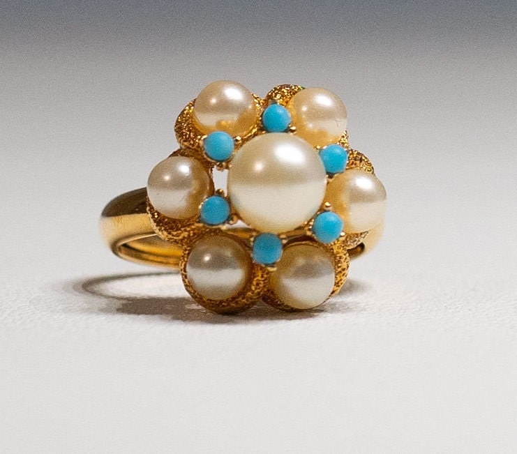 Vintage Avon Ring 1972 Luster Viktorianisch Türkis Perlen Gold Ton Floral Größe 4 Bis 5 Einstellbar Mode-Akzente von Jelifem