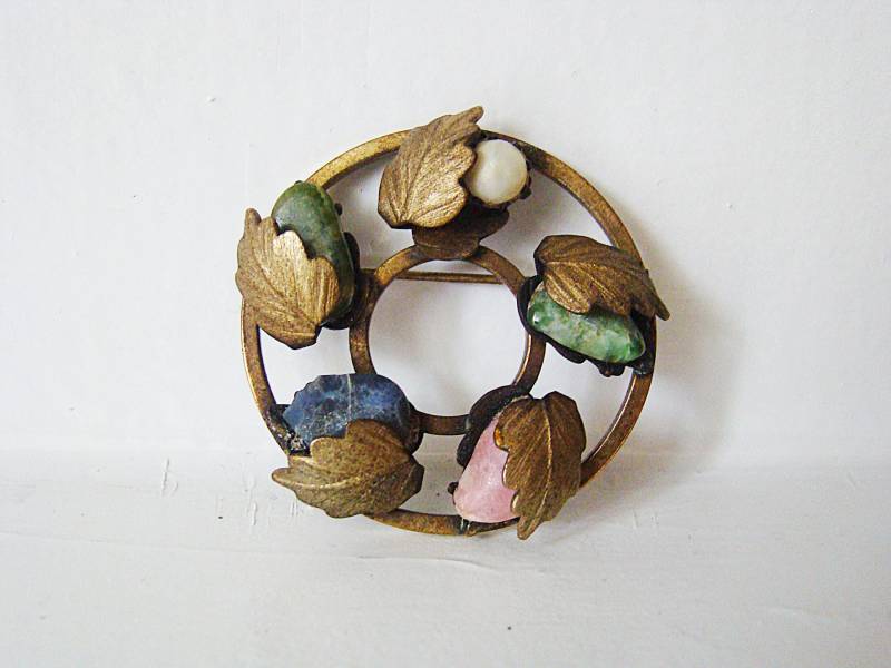 Vintage Sarah Coventry Bronze Pin, Naturstein Blätter von Jelifem