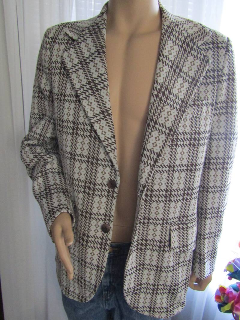 1970S "Male Browns/Weiß Abstrakte Druck-Doppelstrickjacke Blazer Ohne Etikett von Jellajeans
