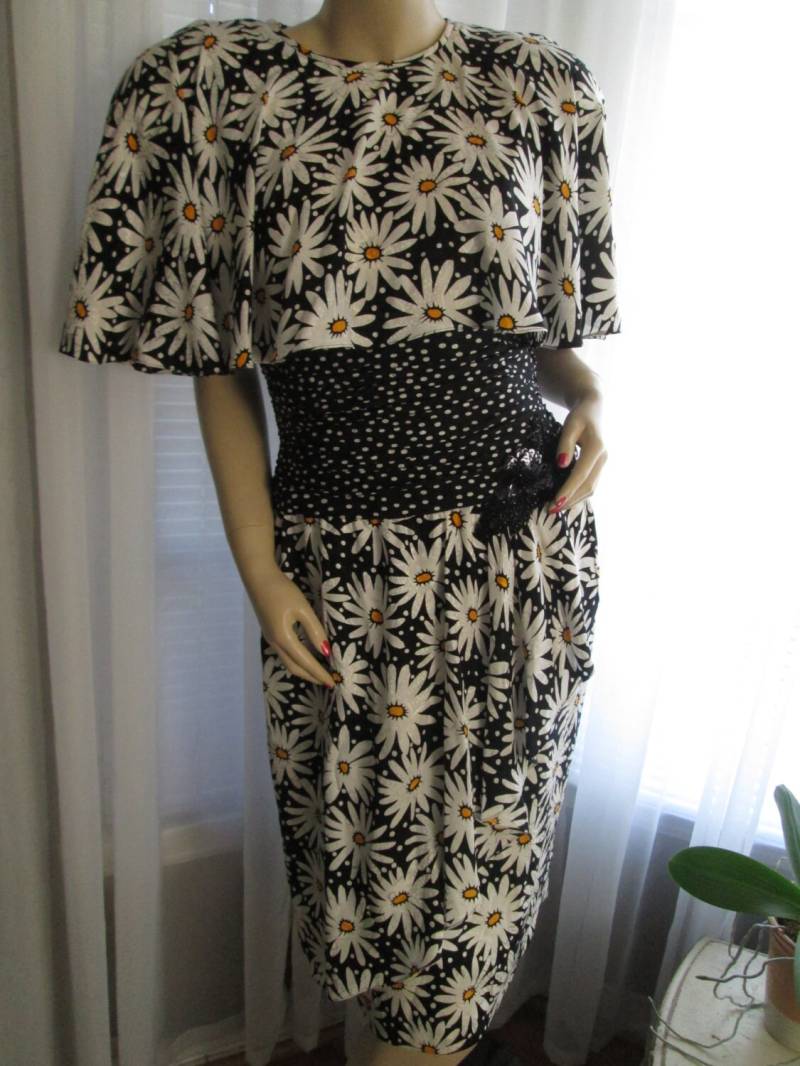 1980Er Jahre "Leicht Tailliertes Daisey Print Cape Top Kleid - Kein Label/Größe 10 von Jellajeans