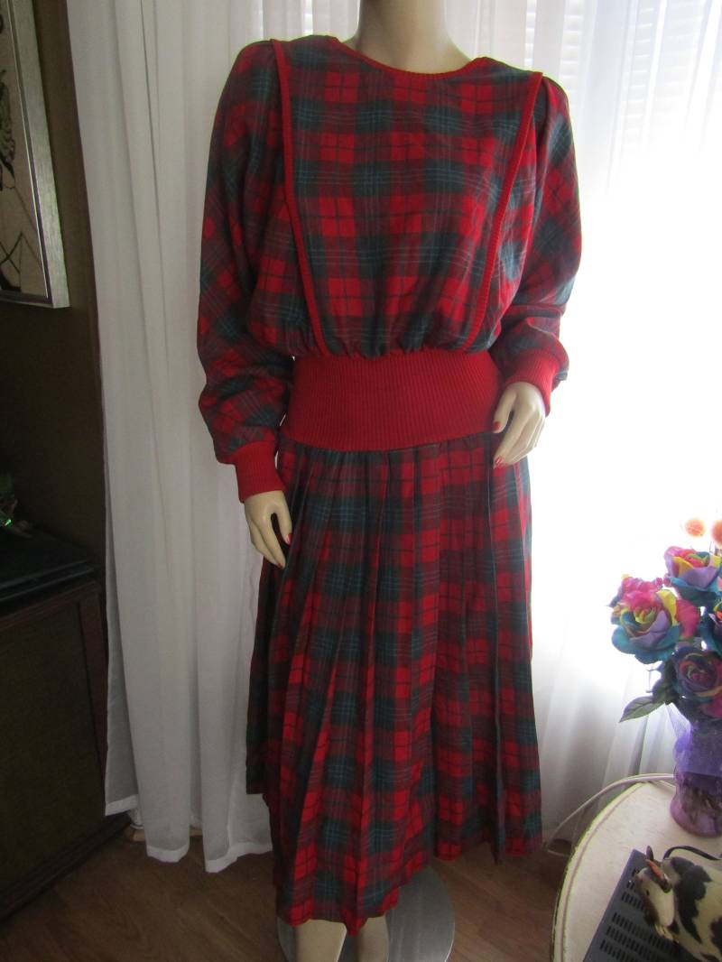 1980Er Jahre Rot/Blau Grau Weinrot Plaid Großes Langarm-Kleid Von Maria - Kein Größenschild von Jellajeans