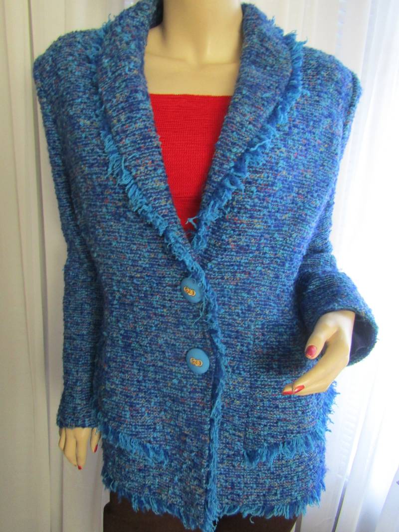 1990Er Jahre Damen Bunte Teal Blaue Farbdruck-Jacke Von Terry Of Paris - Größe 4 von Jellajeans