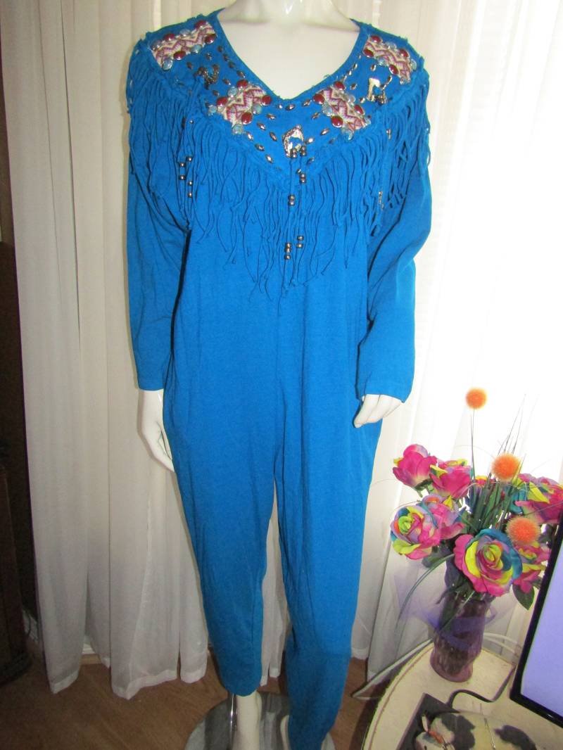 1990S "Langärmliger, Blauer Strampler/Jumpsuit Mit Dekorativen Perlen/Fransen An Den SchulternVon Risky#Größe Sm/Med von Jellajeans