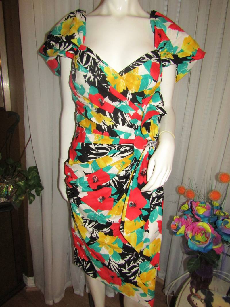 Vintage Bunt Exotisch Blumen Print Bleistift - Fit Kleid Von Huey Waltzer - Größe 12 von Jellajeans