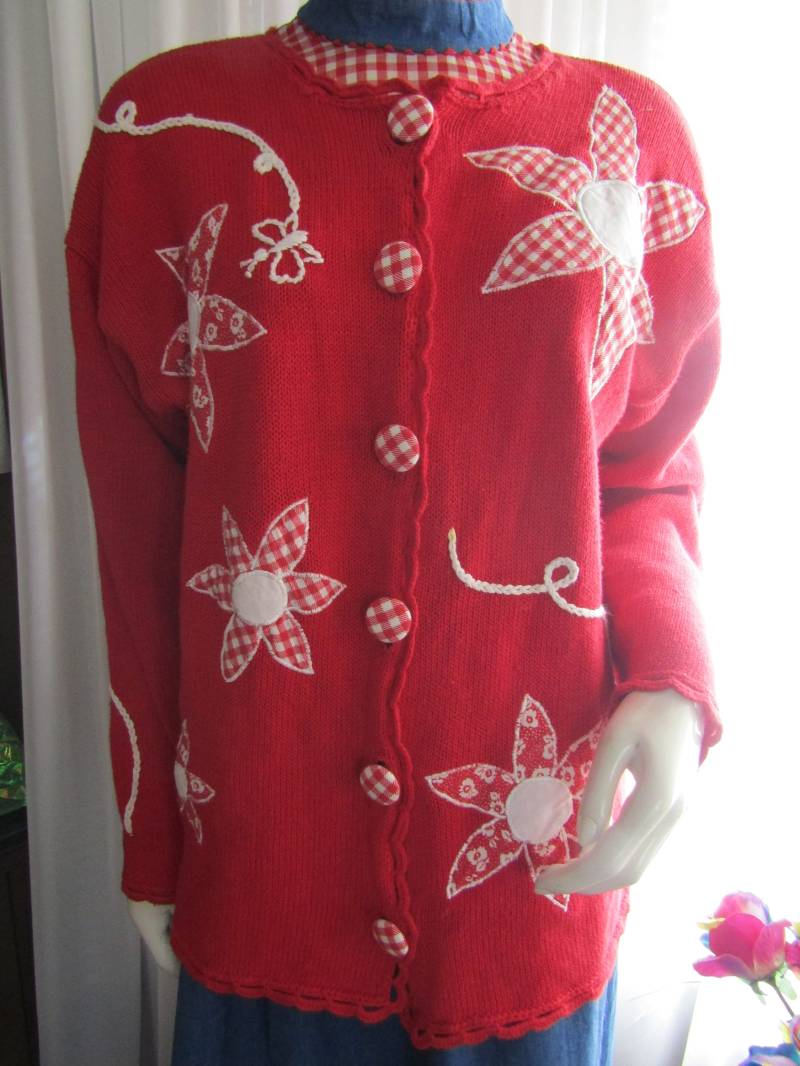 Vintage Damen Rot/Weiss Applizierte Sweater Durch Kapazität - Größe Large von Jellajeans