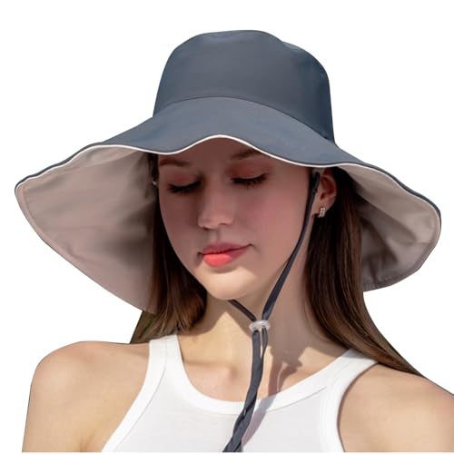 Jellecutte Sonnenhut Damen UPF50+ Faltbarer Sommerhut mit Breiter Krempe 14cm Reversible UV-Schutz Fischerhüte mit Kinnband für Garten Strand Wandern Outdoor-Gray+beige von Jellecutte