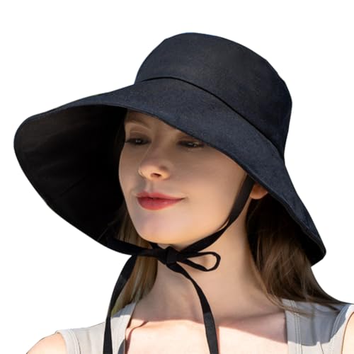 Jellecutte Sonnenhut Damen UV Schutz 50+ Sommerhut mit 17cm Krempe Faltbar Leichter Damenhut aus Leinen mit Kinnband-Black von Jellecutte