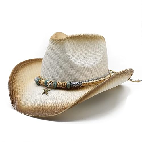 Jellecutte Strohhut Cowboy Hut Westernhut Damen und Herren, Sommerhut mit breiter Krempe, Atmungsaktiver Sonnenhut für Festival Strand Outdoor, 57-58cm, abnehmbares Boho-Band-White von Jellecutte