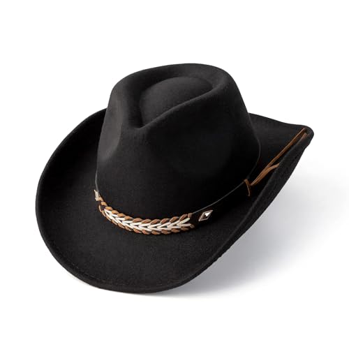Jellecutte Western Cowboy & Cowgirl Hut Breite Krempe Filzhut mit braunen Nieten Leder Hutband Fedora Hüte-Black von Jellecutte