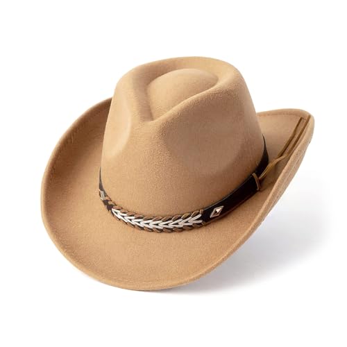 Jellecutte Western Cowboy & Cowgirl Hut Breite Krempe Filzhut mit braunen Nieten Leder Hutband Fedora Hüte-Camel von Jellecutte