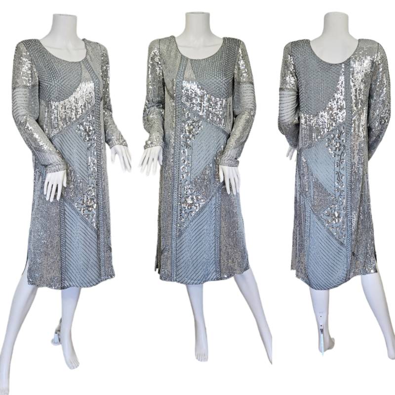1980Er Blau Silber Seide Chiffon Perlen Etuikleid I Paillettenkleid Sz Med Swee Lo von JellyEyesVintage