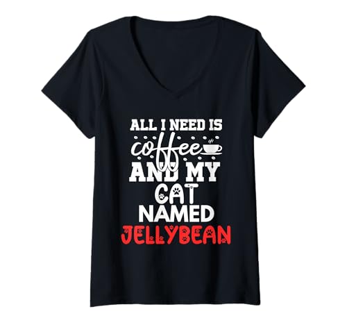 Damen Katzenname Jellybean Gifts All I Need is Coffee Cat Named T-Shirt mit V-Ausschnitt Damen Katzenname Jellybean Gifts All I Need is Coffee Cat Named T-Shirt mit V-Ausschnitt von Jellybean Cat Name GIfts With Coffee