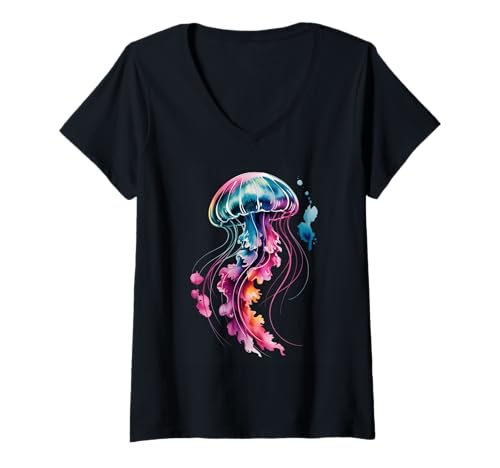 Damen Bunte Quallen Poster Stil Farbspritzer Kunst Grafik T-Shirt mit V-Ausschnitt Damen Bunte Quallen Poster Stil Farbspritzer Kunst Grafik T-Shirt mit V-Ausschnitt von Jellyfish Lover Apparel & Arts
