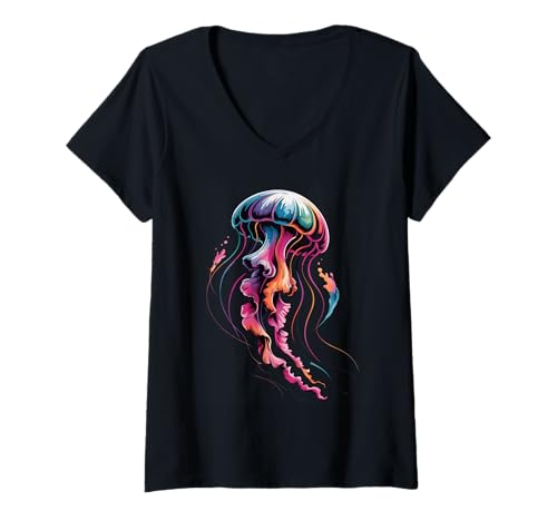 Damen Quallen-Poster-Stil, Bunte Farbspritzer, Kunstgrafik T-Shirt mit V-Ausschnitt von Jellyfish Lover Apparel & Arts