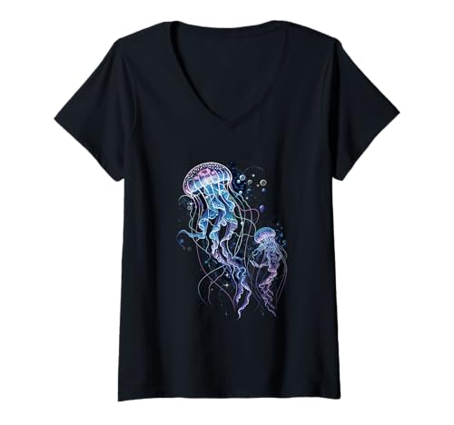 Damen Qualle Medusa Jellies Blue Marine Sea Ocean Diver Surfer T-Shirt mit V-Ausschnitt von Jellyfish Medusa Jellies Marine Ocean Diver Design