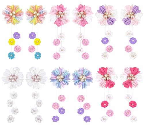 Jelyne 12 x Blumen-Haarschleifen für Mädchen – Ripsband-Zubehör mit Krokodilklemmen und kleinen baumelnden Quasten von Blumen-Haarspangen (12 Stück, 6 Paar) von Jelyne