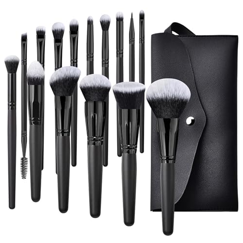 Jemora 15-teiliges Make-up-Pinsel-Set mit Aufbewahrungstasche, Kosmetikpinsel-Set für Foundation, loses Puder, Rouge, Concealer, Lidschatten, Augenbrauen von Jemora