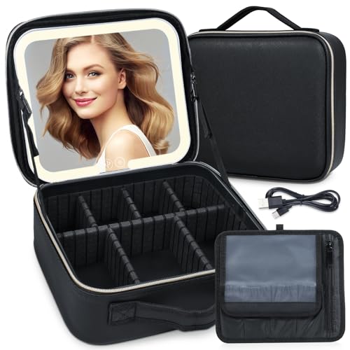 Jemora Make-up-Tasche, Trennwand-Organizer, große Kapazität, Reise-Kosmetik-Aufbewahrungstasche mit LED-Reise-Kosmetikspiegel von Jemora