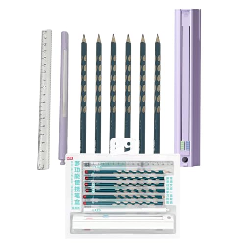 Jemora Niedliche sechseckige Stiftebox mit 6 Bleistiften, stehender Stift, multifunktionales Push-Pull-Briefpapierbox-Set-Design mit Lineal und abnehmbarem Anspitzer und Ohrenlöscher, hartes Stiftetui von Jemora