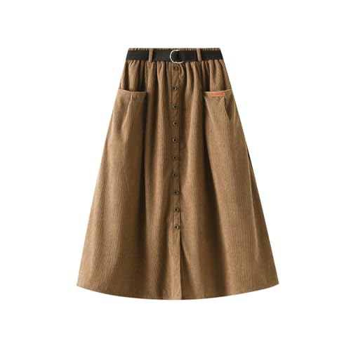 Jemsia Damen Cordrock, elastisch, hohe Taille, Knopfleiste vorne, Gürtel, A-Linie, Midi, langer Herbst-Winterrock mit Taschen, camel, Einheitsgröße von Jemsia