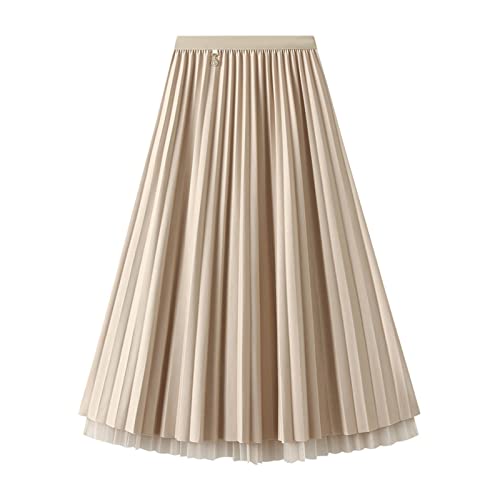 Jemsia Damen Reversible Tüll Rock Midi A-Linie Elastisch Hohe Taille Elegant Faltenrock mit Ornament für Damen, beige, Einheitsgröße von Jemsia