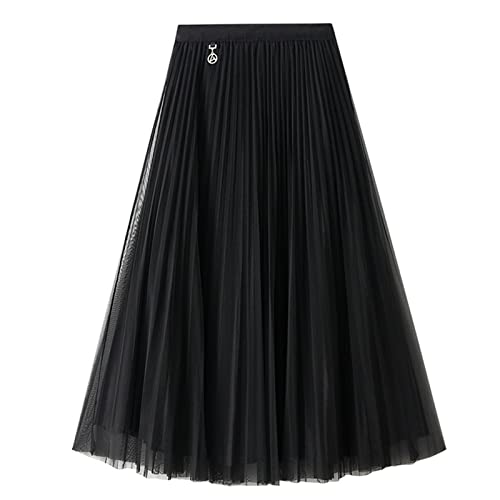 Jemsia Damen Wendbarer Tüllrock Midi A-Linie Elastisch Hohe Taille Elegant Faltenrock Ballett Abschlussball Party Rock mit Ornament für Damen Mädchen, schwarz 1, Einheitsgröße von Jemsia