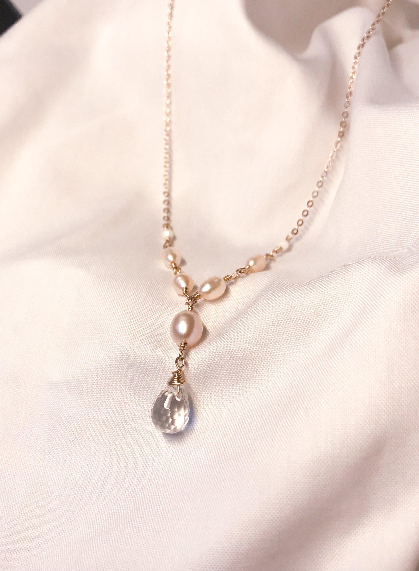 Rosa Süßwasserperlen Kristall Tropfen 14K Gold Filled Anhänger Halskette, Zierliche Kette Schmuck, Perlen Halskette von JemuziJewelry