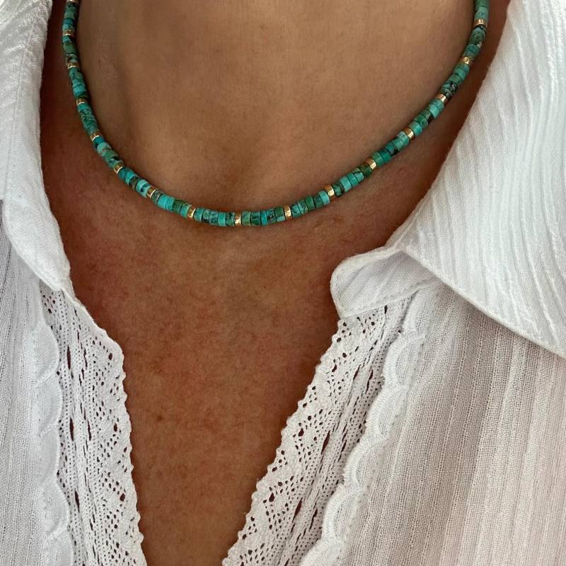 4 Mm Echte Kingman Arizona Türkis Gelbgold Heishi Halskette, Damen Moderne Minimalist Winzige Kleine Perlen Edelstein Halsband, 14K Massivgold von JenHerrmannJewelry