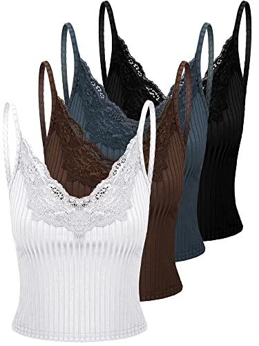 4 Stück Frauen Fairy Grunge Y2K Tops Spitze Patchwork Crop Tops Fairy Grunge Kleidung Ästhetisch Gestrickt Cami Tank Top für Mädchen, Kaffee, Weiß, Groß von JenPen