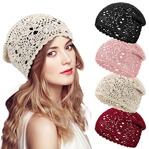 4 Stück gehäkelte Slouchy Beanie-Mütze, handgefertigt, Strick, Blumenmuster, Totenkopfmütze, Baumwolle, Ausschnitt, Sommermützen für Frauen, leicht, gestrickt, Schwarz, Beige, Weinrot, Rosa, Medium von JenPen