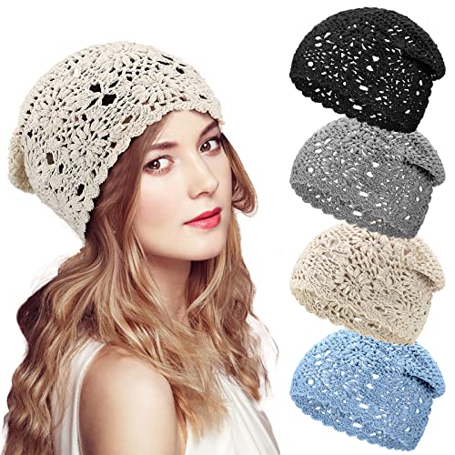 4 Stück gehäkelte Slouchy Beanie Mütze Handgemachte Strickmütze Blumentotenkopf Cap Baumwolle Ausschnitt Sommermützen für Frauen Leicht Strick, Grau, Blau, Schwarz, Beige, Medium-Large von JenPen