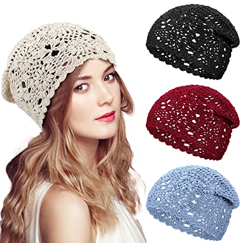 4 Stück gehäkelte Slouchy Beanie Mütze Herbst Handarbeit Strick Blumen Totenkopf Kappe Baumwolle Ausschnitt Sommermützen für Frauen Leicht Strick, Schwarz von JenPen