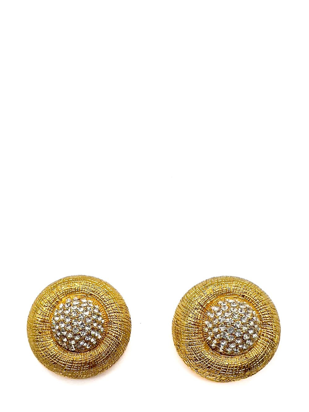 Jennifer Gibson Jewellery Vintage Etched Gold & Crystal Dome Earrings 1970s von Jennifer Gibson Jewellery
