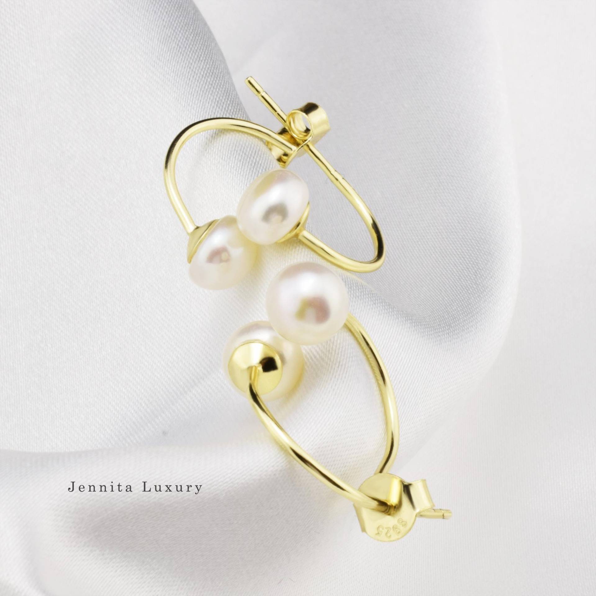 Doppelperlen Ohrringe Silber, Vorne Hinten Doppelte Ohrstecker, Vergoldete Stecker Mit Echten Süßwasserperlen, Ear Jacket, Braut Perlenschmuck von JennitaLuxury