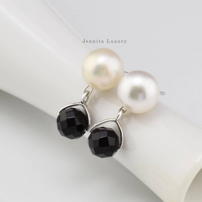 Süßwasser Perlen Ohrringe Silber 925 Hängend Mit Schwarzem Onyx, Stecker Stein, Perlenschmuck Damen Süßwasser Perlen Ohrringe Silber 925 Hängend Mit Schwarzem Onyx, Stecker Stein, Perlenschmuck Damen von JennitaLuxury