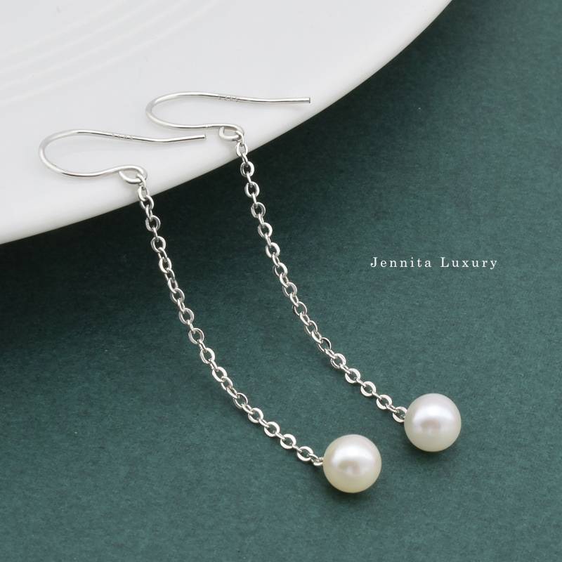 Lange Kettenohrringe Hängend Silber Mit Süßwasser Edison Perlen, Ohrringe Lang Runden Weißen Zuchtperlen, Braut Hochzeit Perlenschmuck von JennitaLuxury