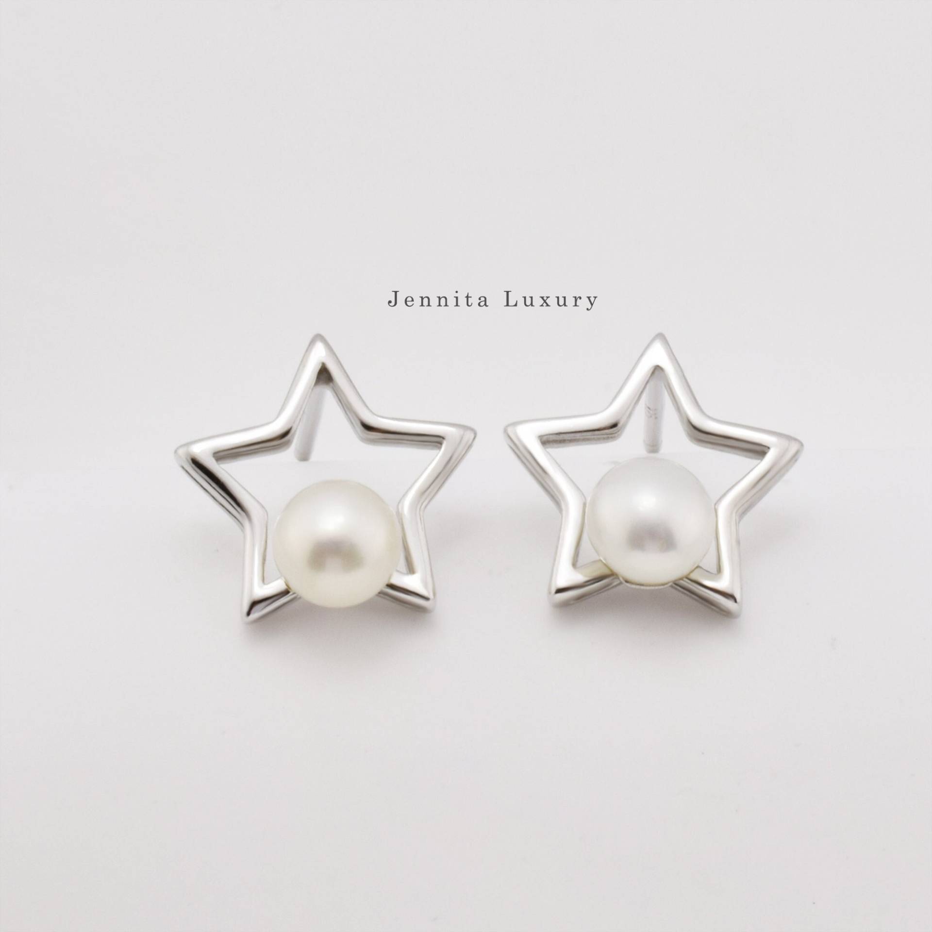 Ohrring 925 Silber Stern Mit Echten Perlen, Zarte Kleine Weiße Süßwasser Perlenohrstecker, Damen Perlenschmuck, Weinachtsgeschenk Für Frauen von JennitaLuxury