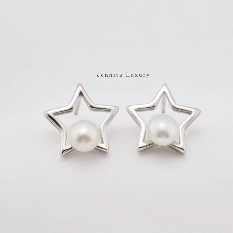 Ohrring 925 Silber Stern Mit Echten Perlen, Zarte Kleine Weiße Süßwasser Perlenohrstecker, Damen Perlenschmuck, Weinachtsgeschenk Für Frauen von JennitaLuxury