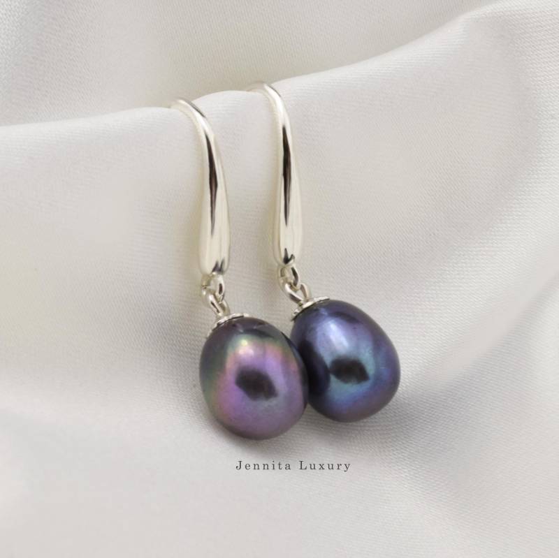 Ohrhänger Silber 925 Mit Echten Schwarzen Tropfen Perlen, Dunkle Süßwasser Perlen Ohrringe Hängend, Handgemachter Perlenschmuck Für Damen von JennitaLuxury
