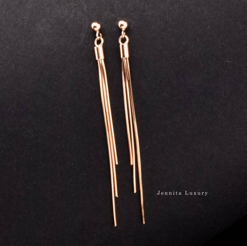 Rosegold Schlangenketten Ohrringe Hängend Lang, Fransen Quasten Layering Stecker Silber Rosevergoldet, Brautohrringe, Hochzeitsschmuck von JennitaLuxury