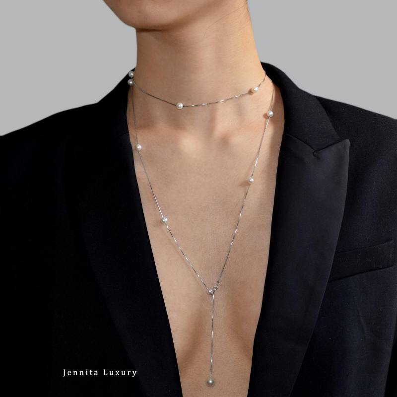 Lange Halskette Silber Mit Mehreren Perlen, Zweistrangige Süßwasser Perlenkette 100cm, Mehrreihig Perlenhalskette Y, Braut Perlenschmuck von JennitaLuxury