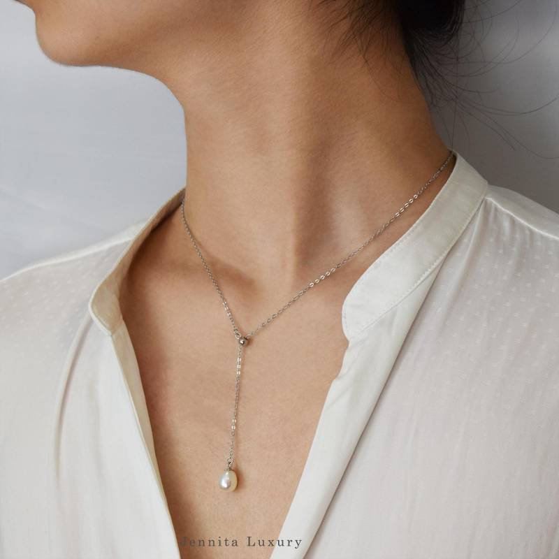 Y Halskette Silber Mit Einer Tropfen Süßwasser Perle, Verstellbare Kette 45cm Weißem Zuchtperlen Anhänger, Brautschmuck, Hochzeit von JennitaLuxury
