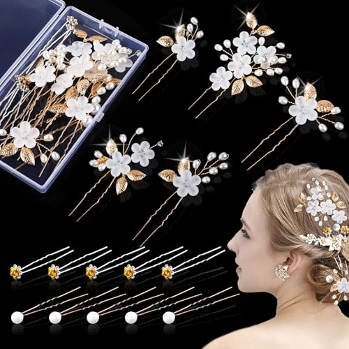 15 Stück Haarschmuck Hochzeit Set U-förmige Haarschmuck mit Strass & Blumen - Elegante Hochsteckfrisur Spangen für Braut, Abiball & Hochzeit - Zarte Haarstäbchen für Frauen (Gold) von Jennytim