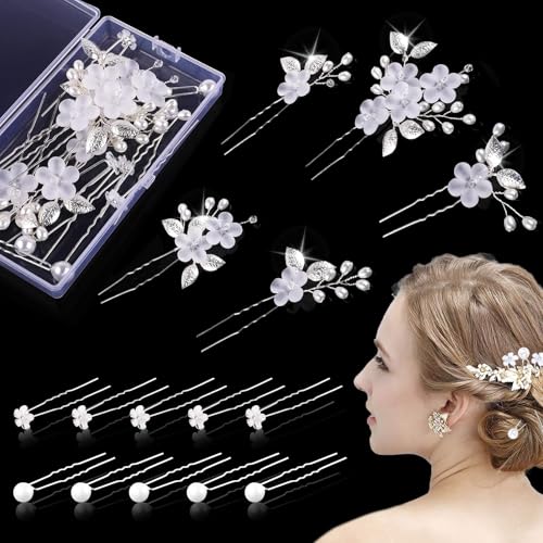 15 Stück Haarschmuck Hochzeit Set U-förmige Haarschmuck mit Strass & Blumen - Elegante Hochsteckfrisur Spangen für Braut, Abiball & Hochzeit - Zarte Haarstäbchen für Frauen (Silber) von Jennytim