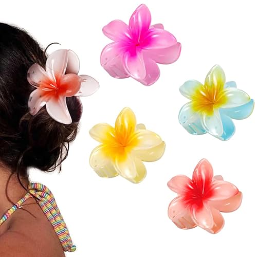 4 Stück Plumeria-Blumen-Haarklammern (oder Blumen-Haarspangen) – Acryl-Haarklammern mit Hawaii-Motiv, für mitteldickes Haar, Damen und Mädchen, Hawaii-Haarschmuck in 4 Farben von Jennytim