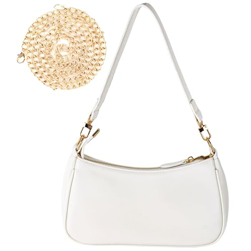 Jennytim Elegante Damen Umhängetasche Kleine PU Leder Handtasche mit Kette & Reißverschluss Schultertasche für Damen, 26 x 7 x 15 cm (Weiß) von Jennytim